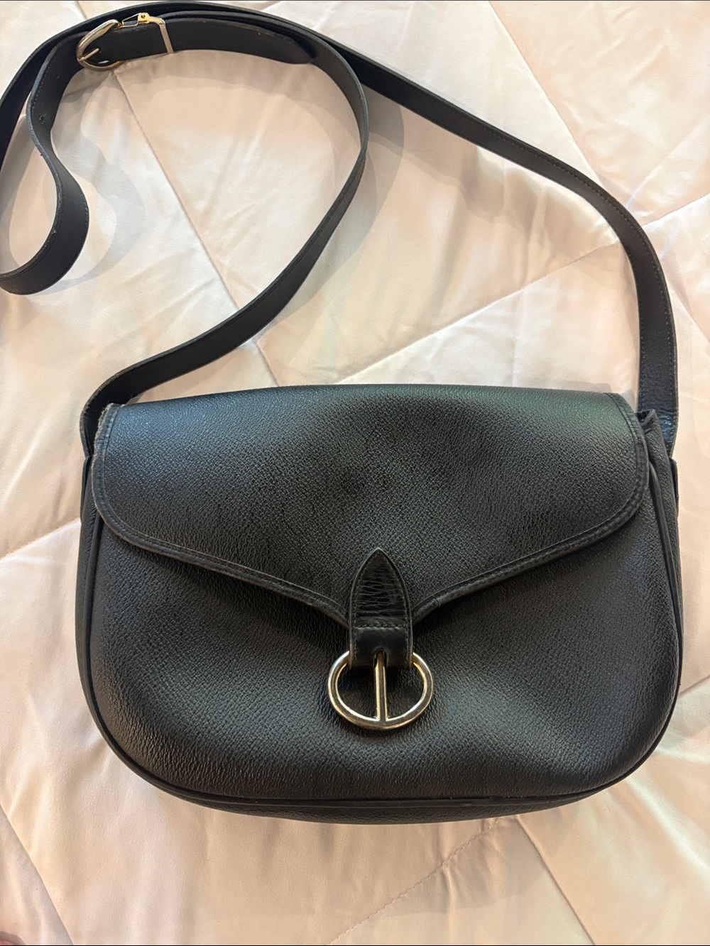 Christian Dior Vintage Black Leather honeycomb Crossbody Bag with Gold Accent